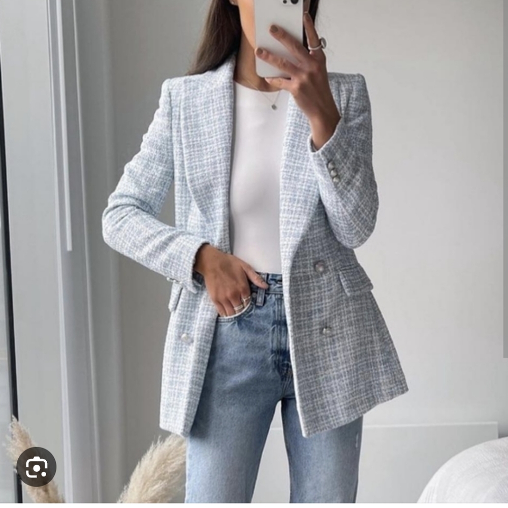 Zara tweed baby blue double breasted buttoned blazer